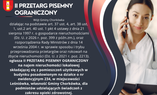 II PRZETARG PISEMNY OGRANICZONY na najem nieruchomości lokalowej w miejscowości Leśniówka, dla podmiotów udzielających świadczeń z zakresu opieki zdrowotnej.
